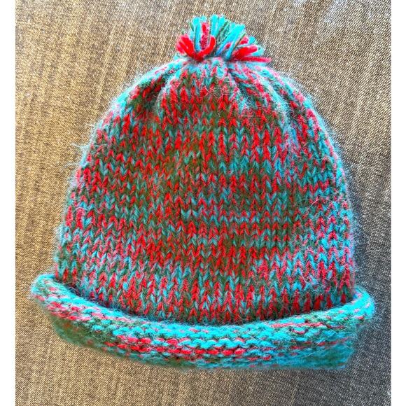 Vintage Knit Winter Hat, Teal Red Green Yarn, Rolled Edge, Fits Most Adults - Picture 2 of 3
